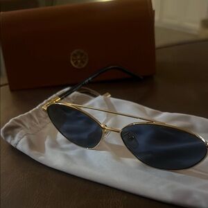 Tory Burch Gold Metal Frame Sunglasses with Dark Blue Lenses